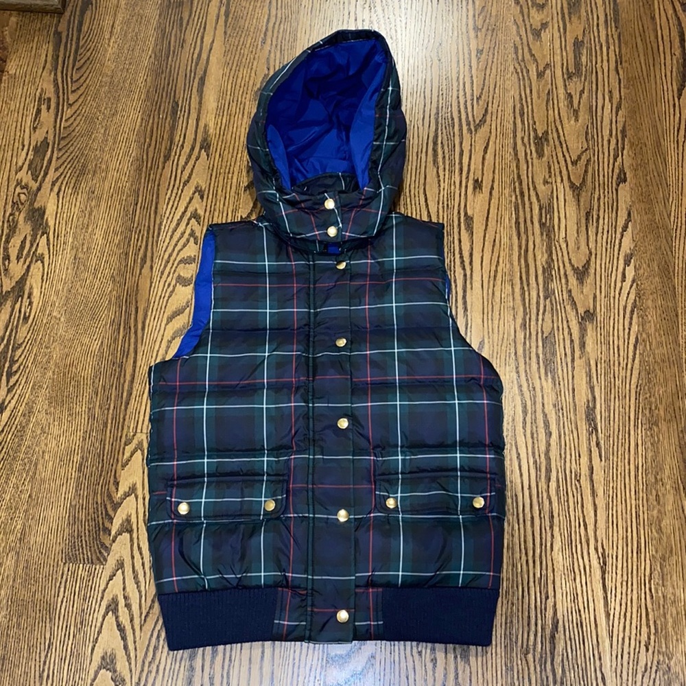 J. Crew women’s plaid down vest with detachable hood, size small